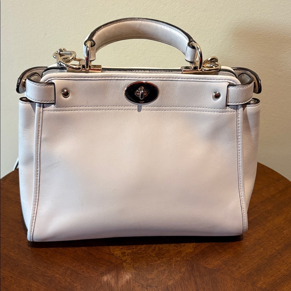 Coach Satchel Crossbody bag smooth leather cream/gold tone 4 turn locks EUC - Picture 7 of 17